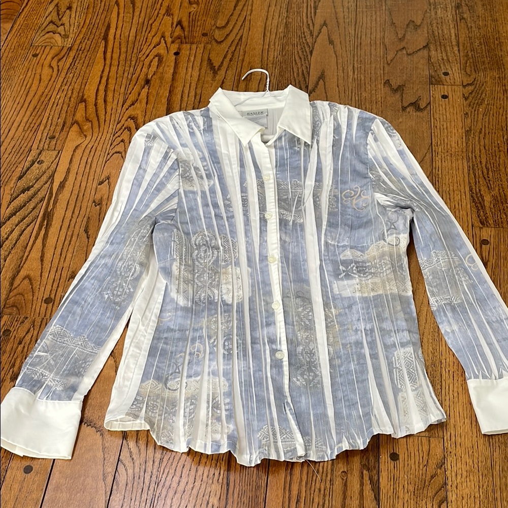Basler sz 48 White & Blue Casual Button Down Shirt with Striped Pattern stretch